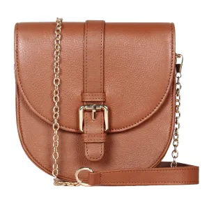 THE CLOWNFISH Adah Genuine Leather Crossbody Sling bag for Women Casual Party Bag Purse with Chain Strap for Ladies College Girls (Tan)