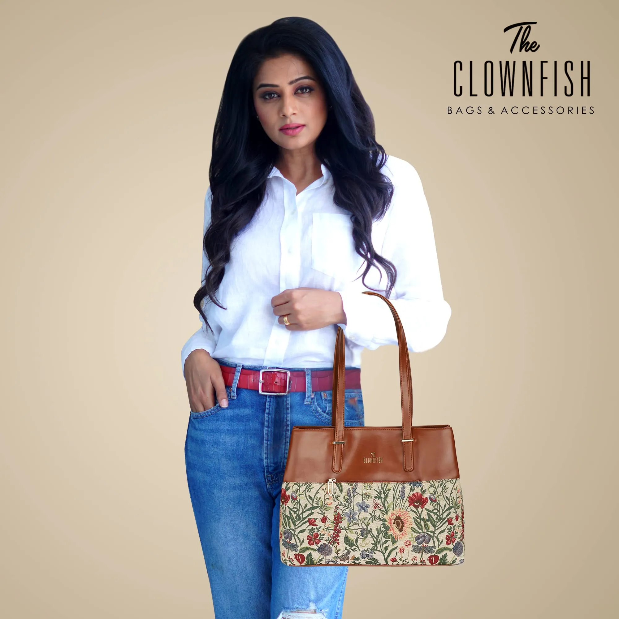 THE CLOWNFISH Calista Tapestry & Faux Leather Handbag for Women Office Bag Ladies Shoulder Bag Tote For Women College Girls (Tan)