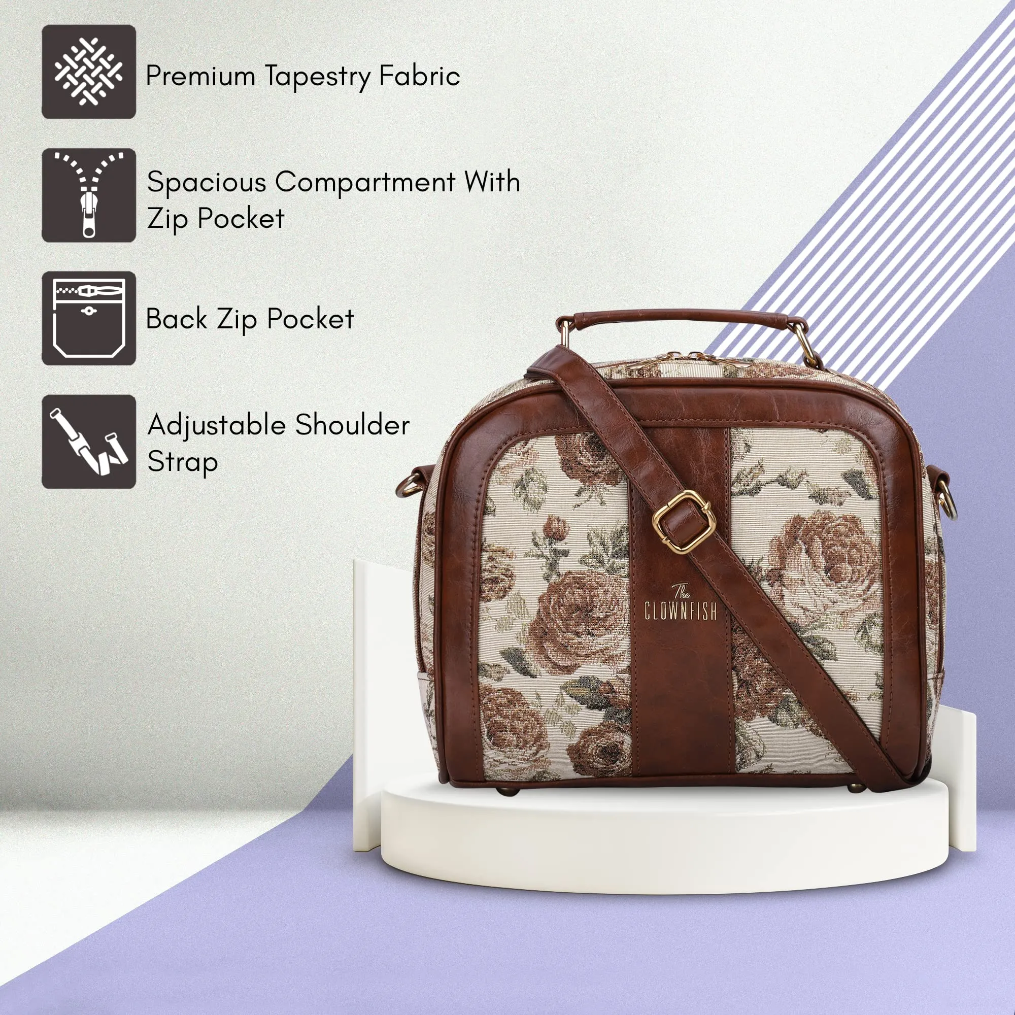 THE CLOWNFISH Elsie Series Tapestry Crossbody Sling Bag for Women Ladies Handbag Single Shoulder Bag with Shoulder Belt (Brown-Floral)