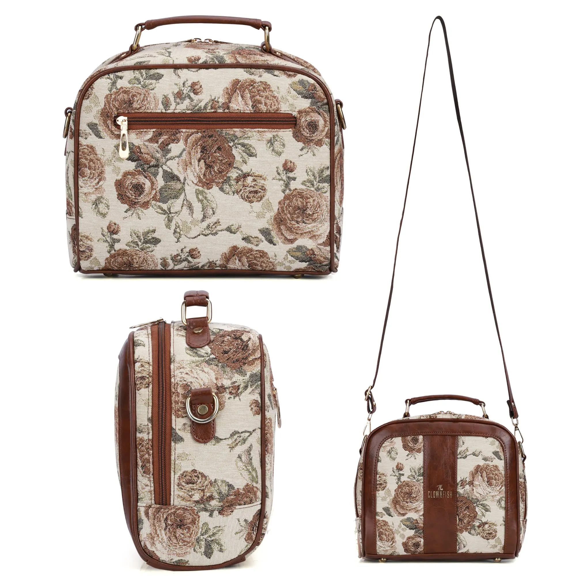 THE CLOWNFISH Elsie Series Tapestry Crossbody Sling Bag for Women Ladies Handbag Single Shoulder Bag with Shoulder Belt (Brown-Floral)