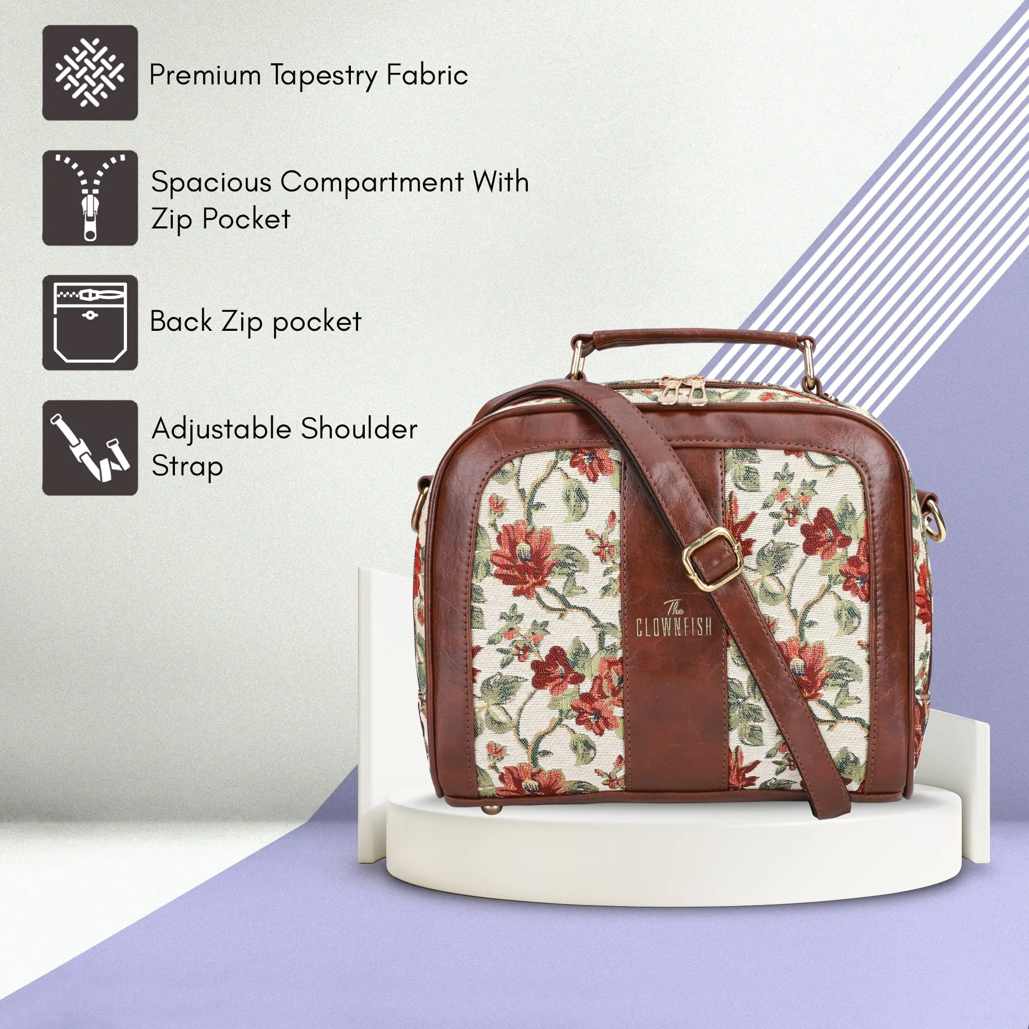 THE CLOWNFISH Elsie Series Tapestry Crossbody Sling Bag for Women Ladies Handbag Single Shoulder Bag with Shoulder Belt (Off White-Floral)