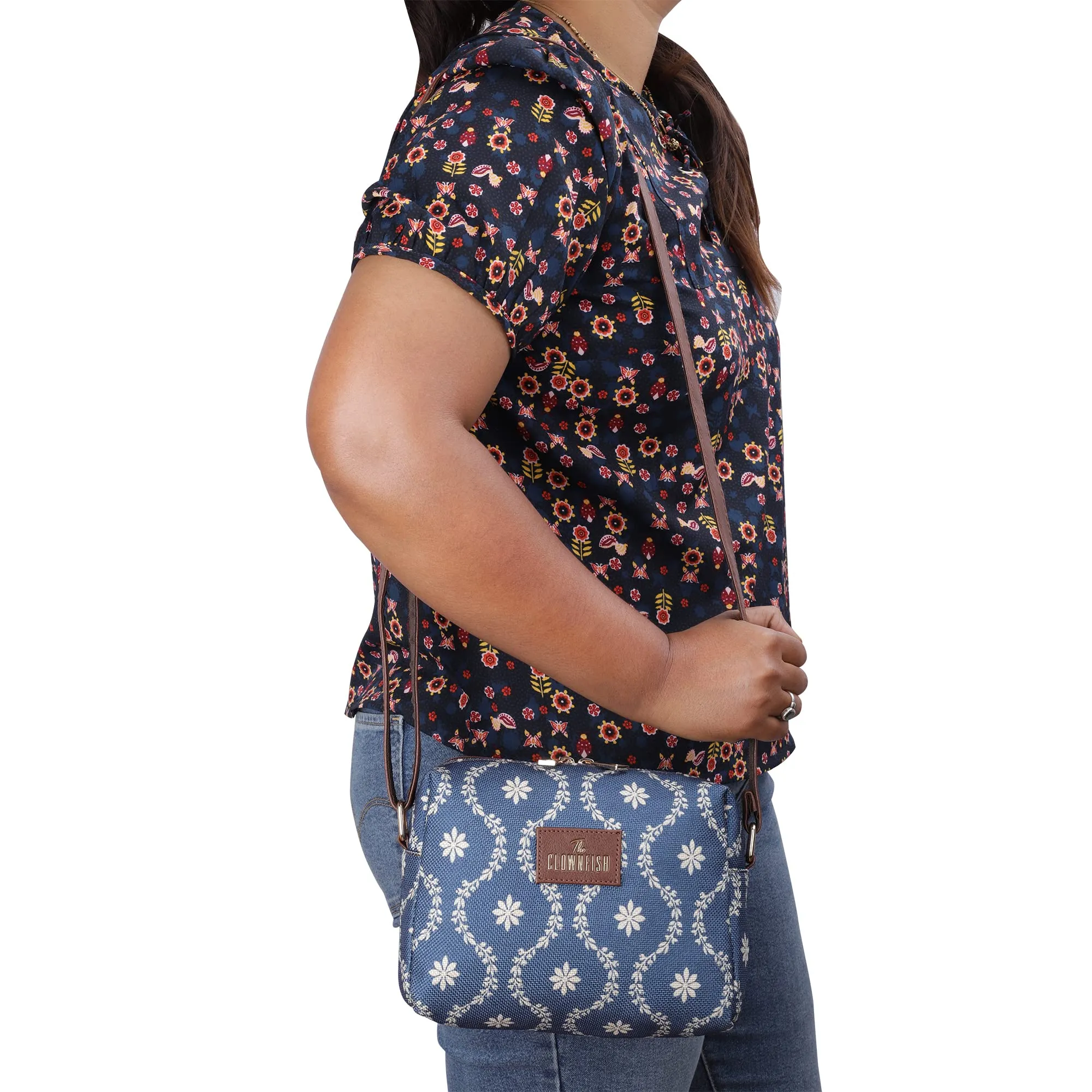 THE CLOWNFISH Isla Printed Handicraft Fabric Crossbody Sling bag for Women Casual Party Bag Purse with Adjustable Shoulder Strap for Ladies College Girls (Royal Blue)