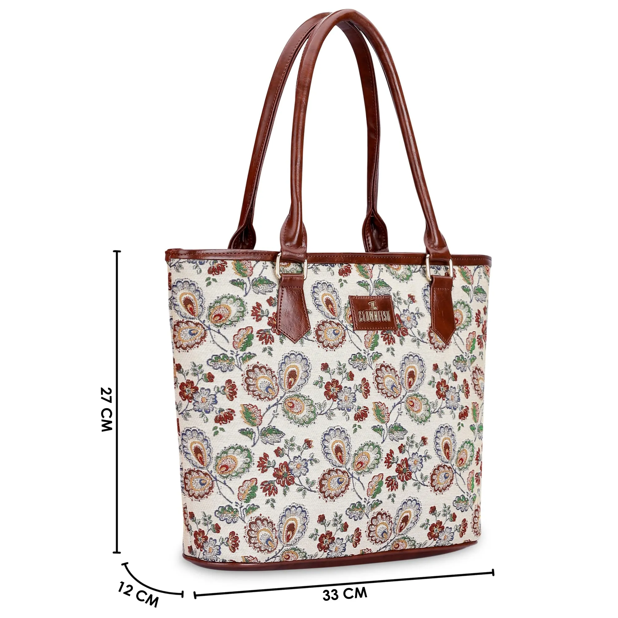 The Clownfish Justina Tapestry Fabric & Faux Leather Handbag for Women Office Bag Ladies Shoulder Bag Tote For Women College Girls (Dark Brown-Floral)