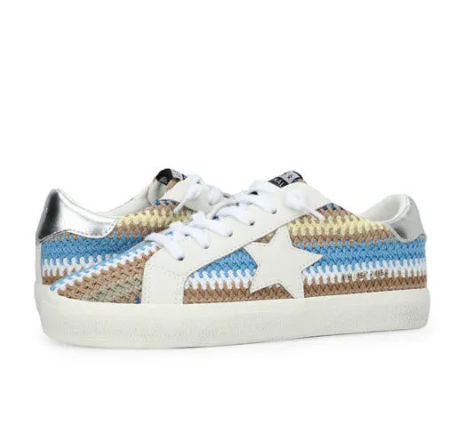 The Crochet Stripe Star Lace Sneaker in Blue Brown