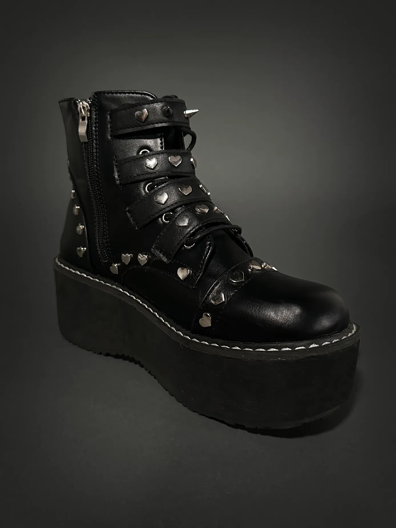 Tommyrot "Lola" Heart Studded Platform Ankle Combat Boots with Buckles