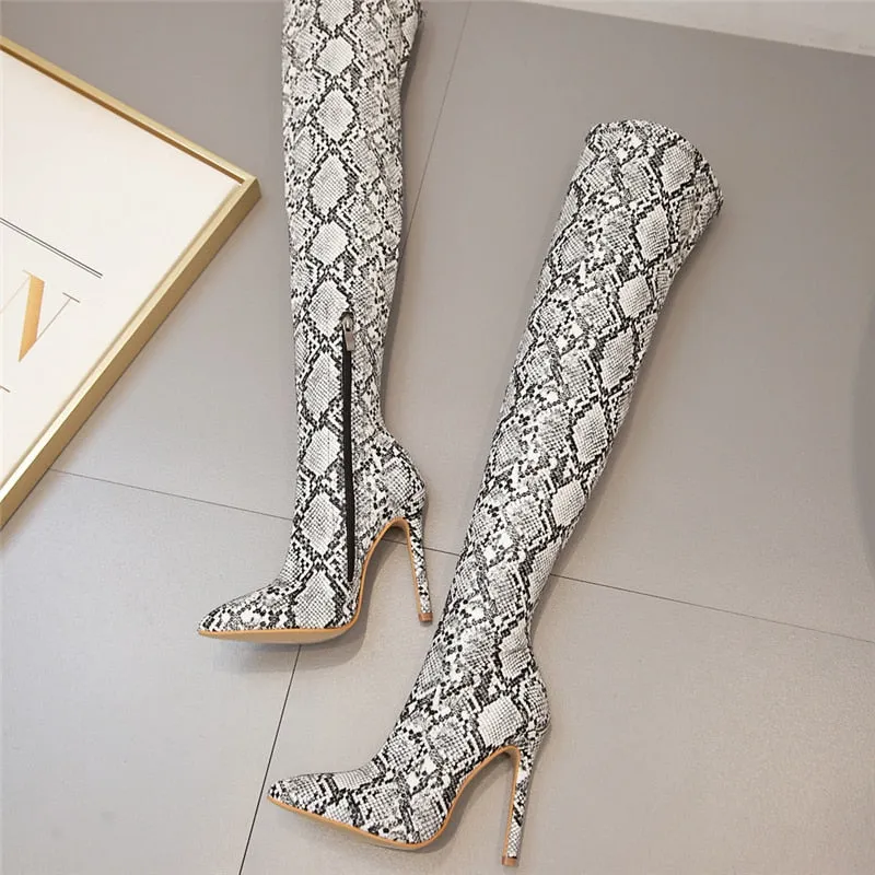 Uniwim 2024  Women Over The Knee Thigh High Boots Snake Print 11Cm High Heels Serpentine Stripper Long Pleaser Winter Leather Prom Shoes