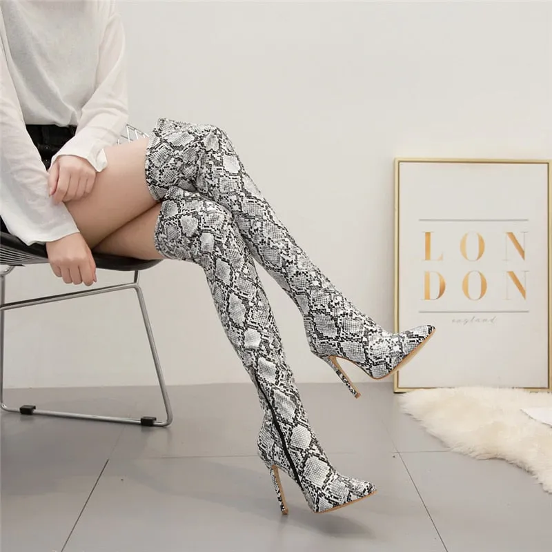 Uniwim 2024  Women Over The Knee Thigh High Boots Snake Print 11Cm High Heels Serpentine Stripper Long Pleaser Winter Leather Prom Shoes