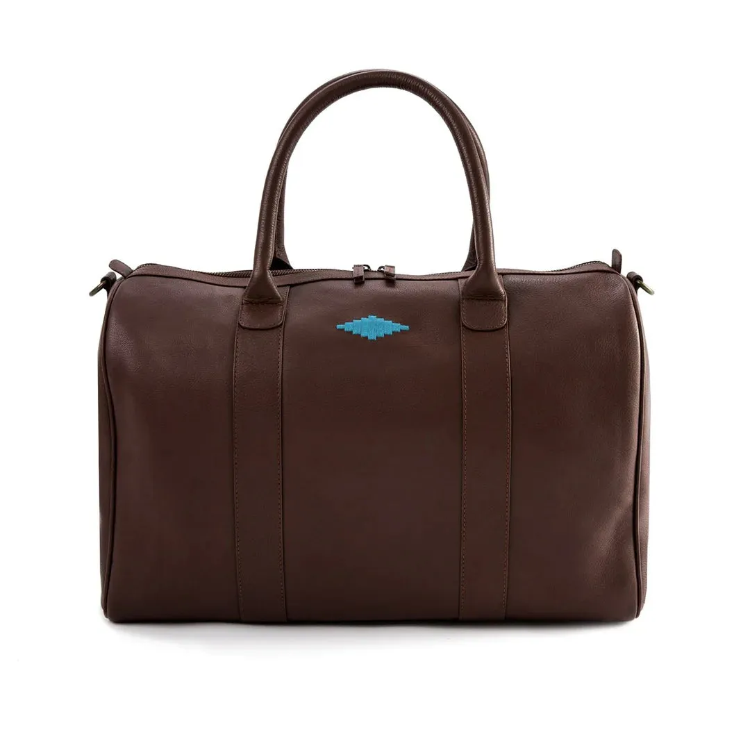 Varon Small Travel Bag - Brown Leather w/ Blue Stitching by Pampeano