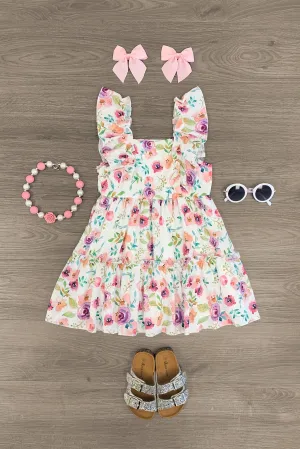 Watercolor Rose Floral Ruffle Dress