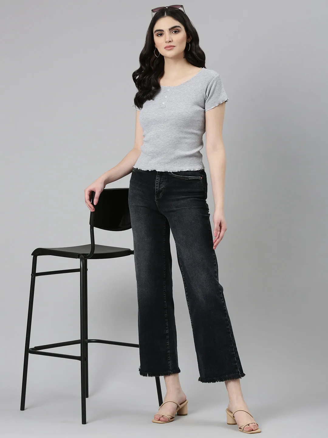 Women Charcoal Solid Mom Fit Denim Jeans