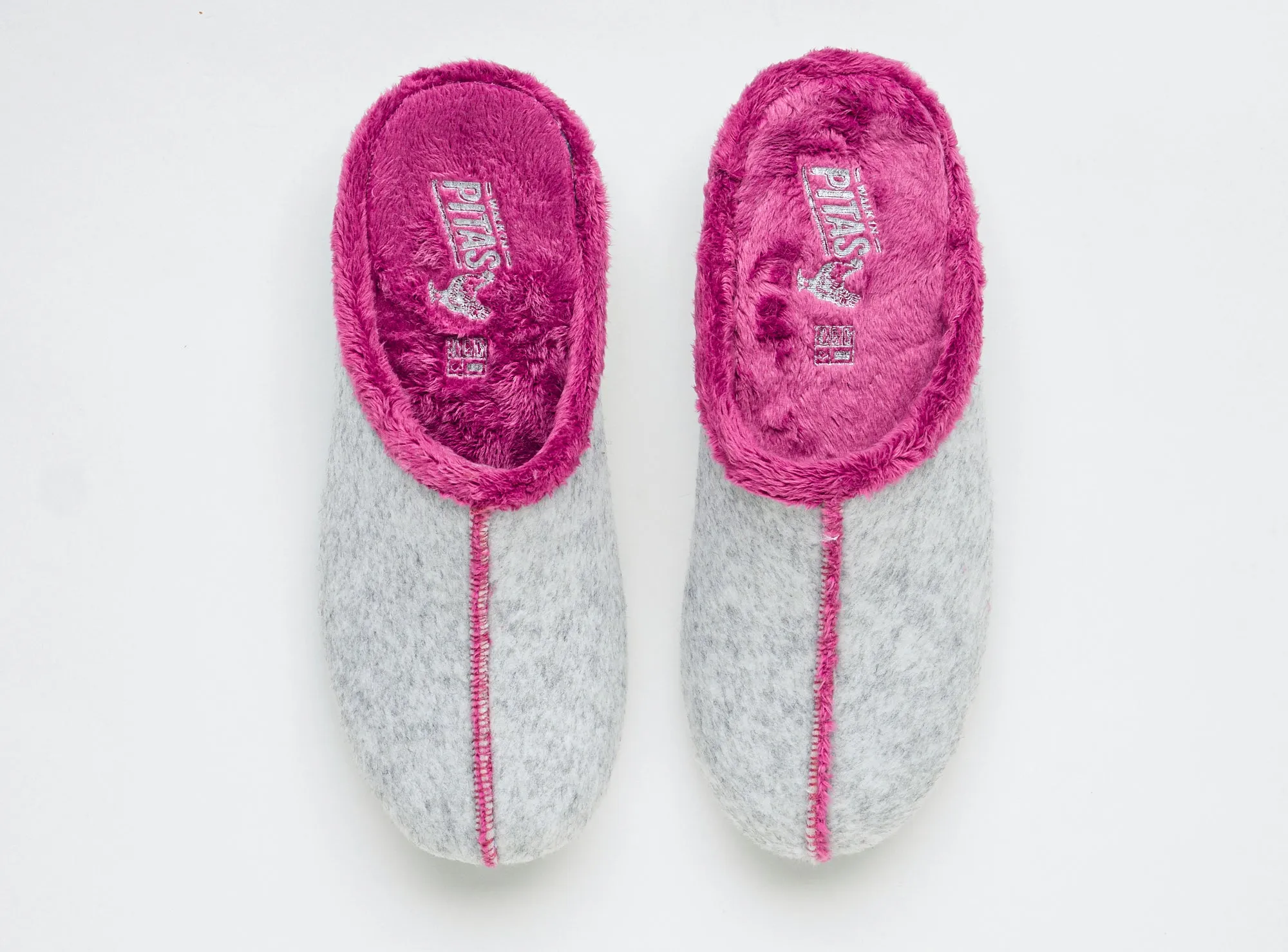 Women's grey and raspberry felt and faux fur mule slippers