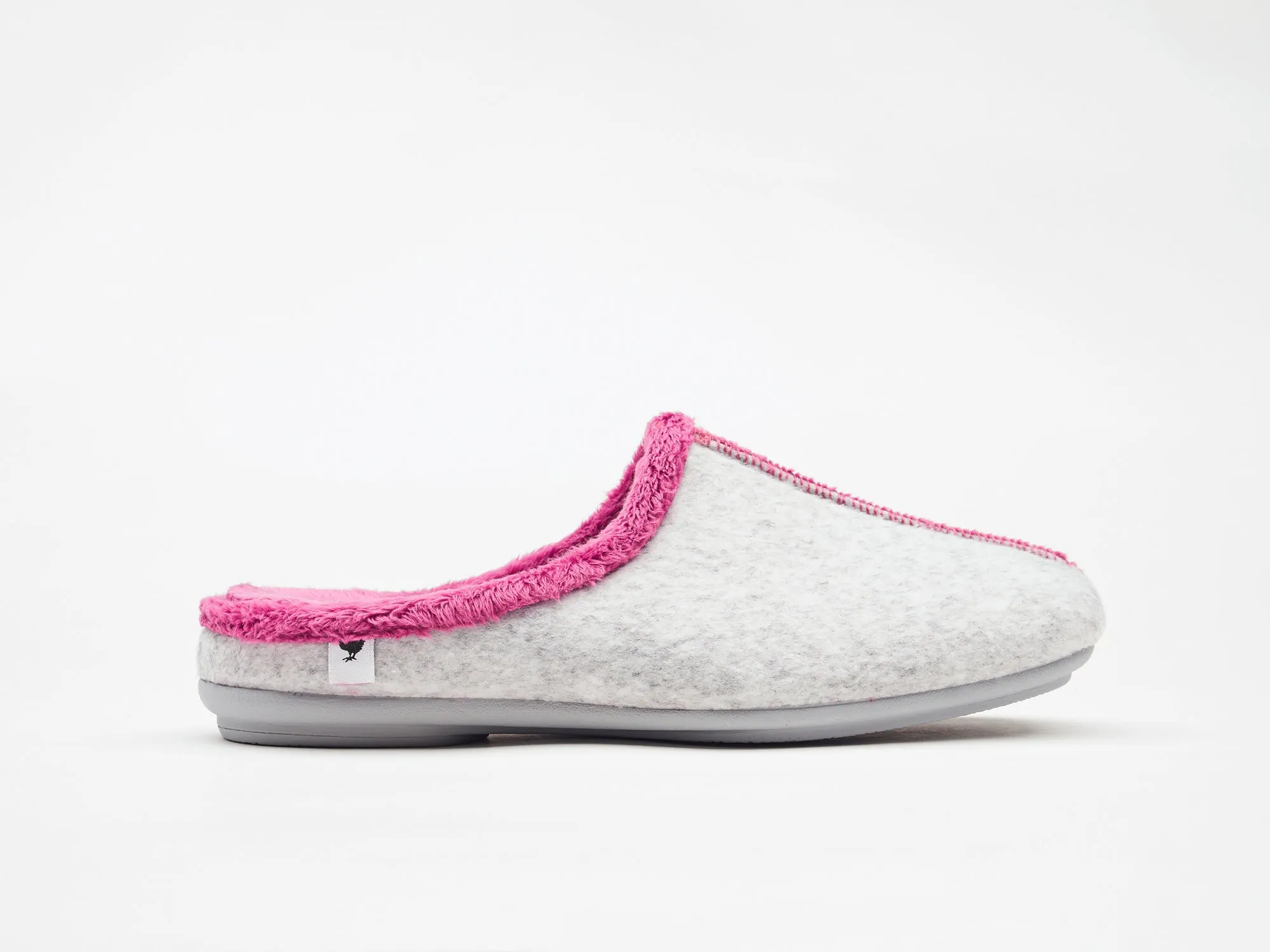 Women's grey and raspberry felt and faux fur mule slippers